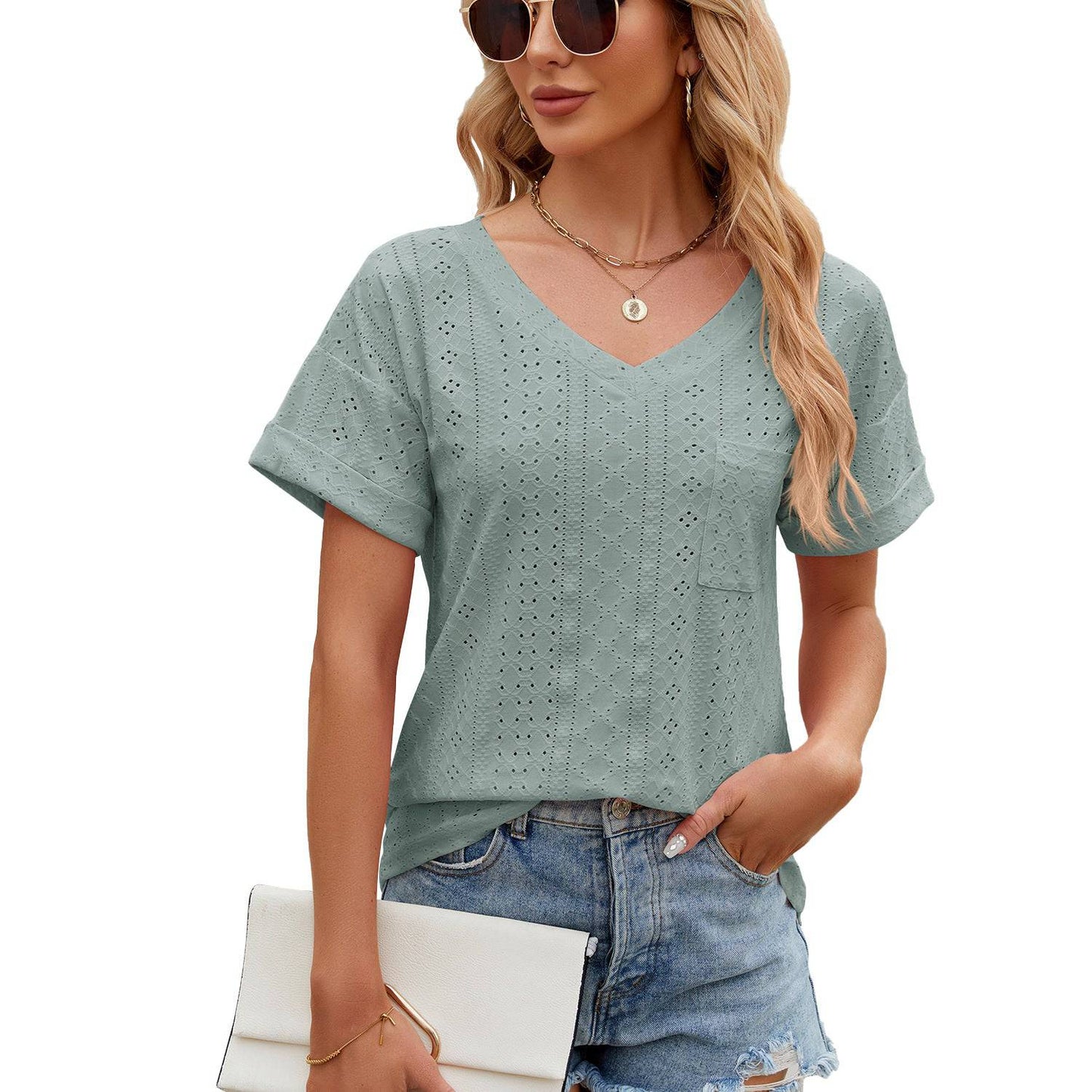 Relaxed V-Neck Short Sleeve Tee for Women  S Dark Green 