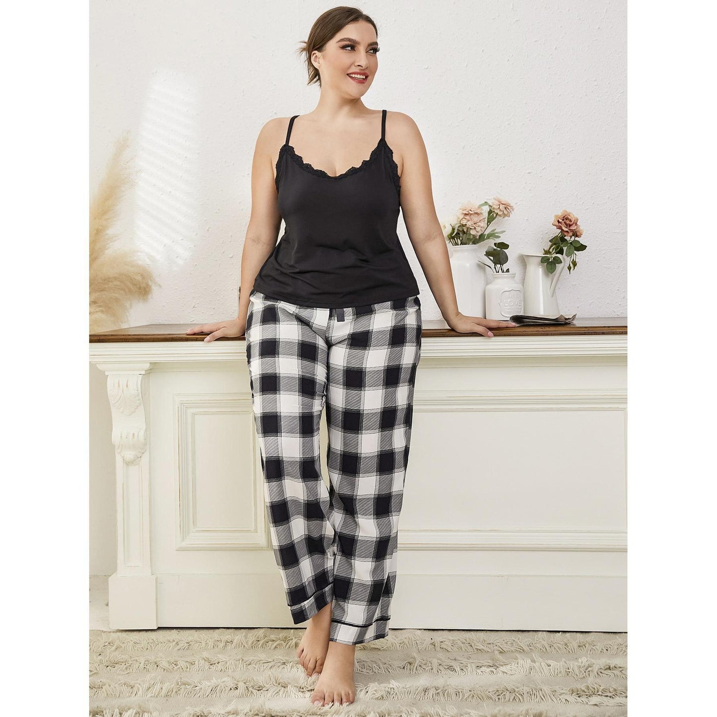 Plus Size Pajamas Plaid Lace Strap Ladies Home Casual Set - Wild Amber Fashion