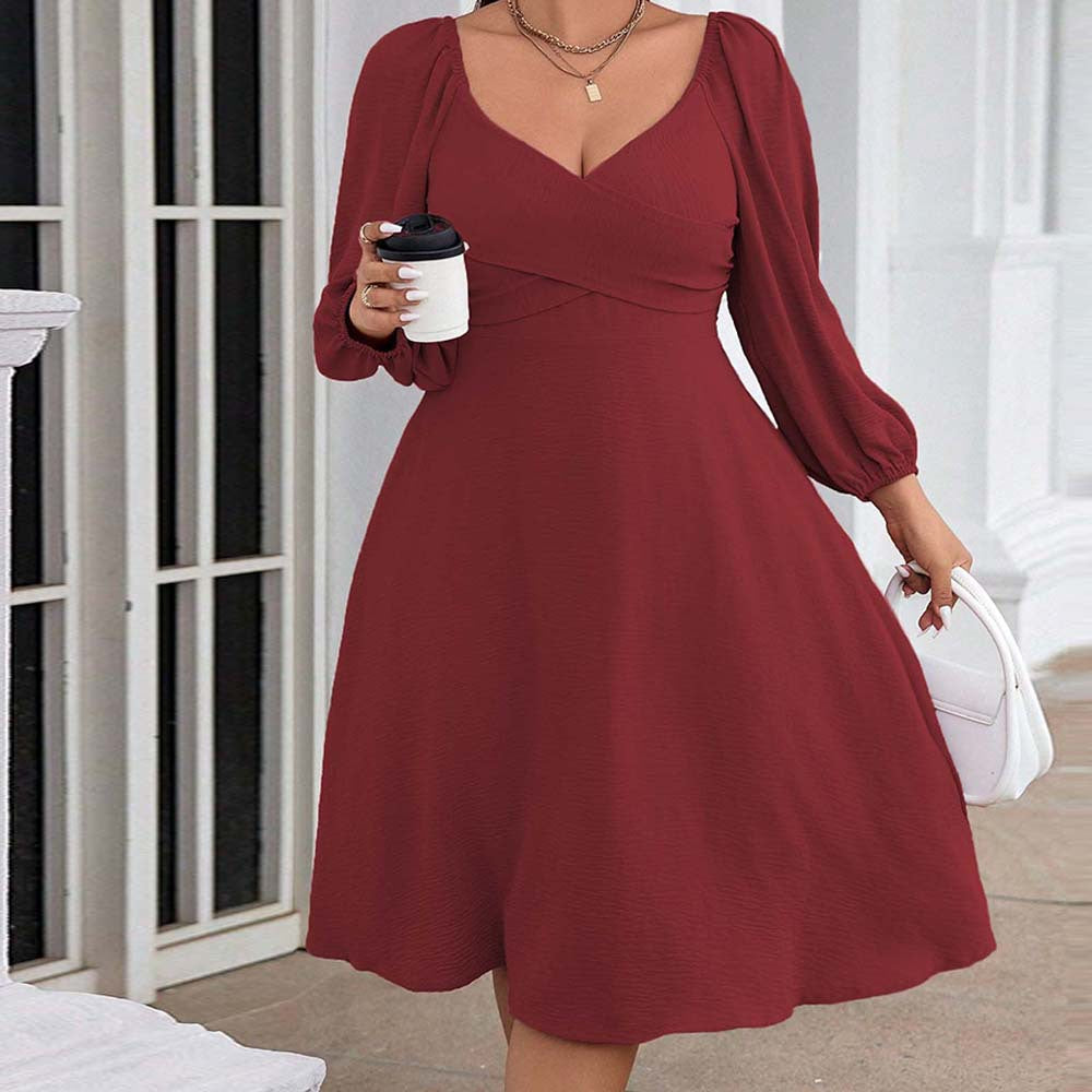 Plus Size Women Elegant Red Dress Autumn Winter V Neck Long Sleeve Mid Length Dress - Wild Amber Fashion