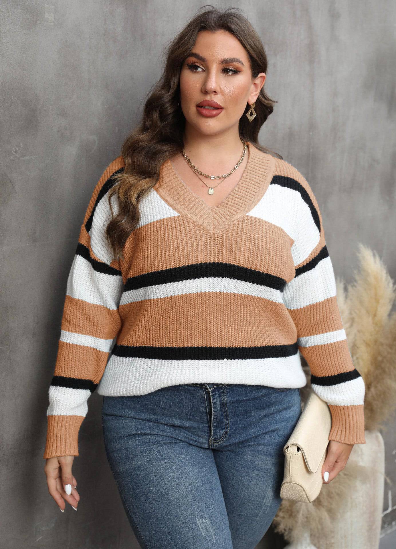 Plus Size Women Pullover Sweater Women Clothing Autumn Winter V Collar Contrast Color Stitching Sweater - Wild Amber Fashion