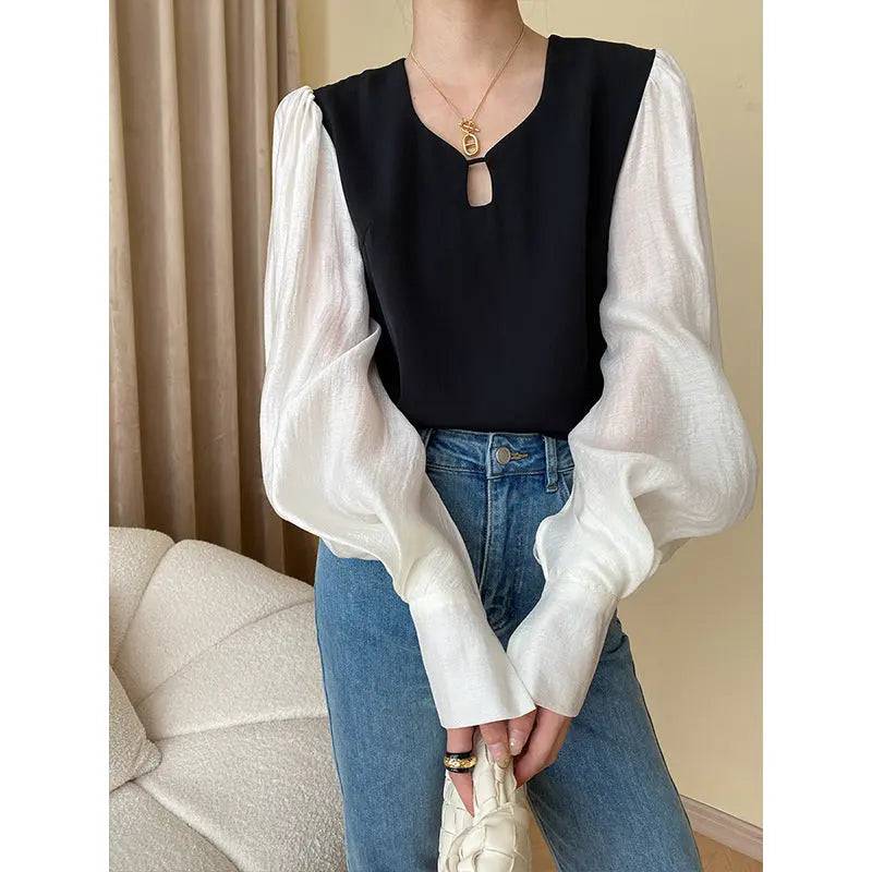 Sophisticated French Minority Contrast Color Stitching Shirt with Sheep Hooves Sleeves  S Black 