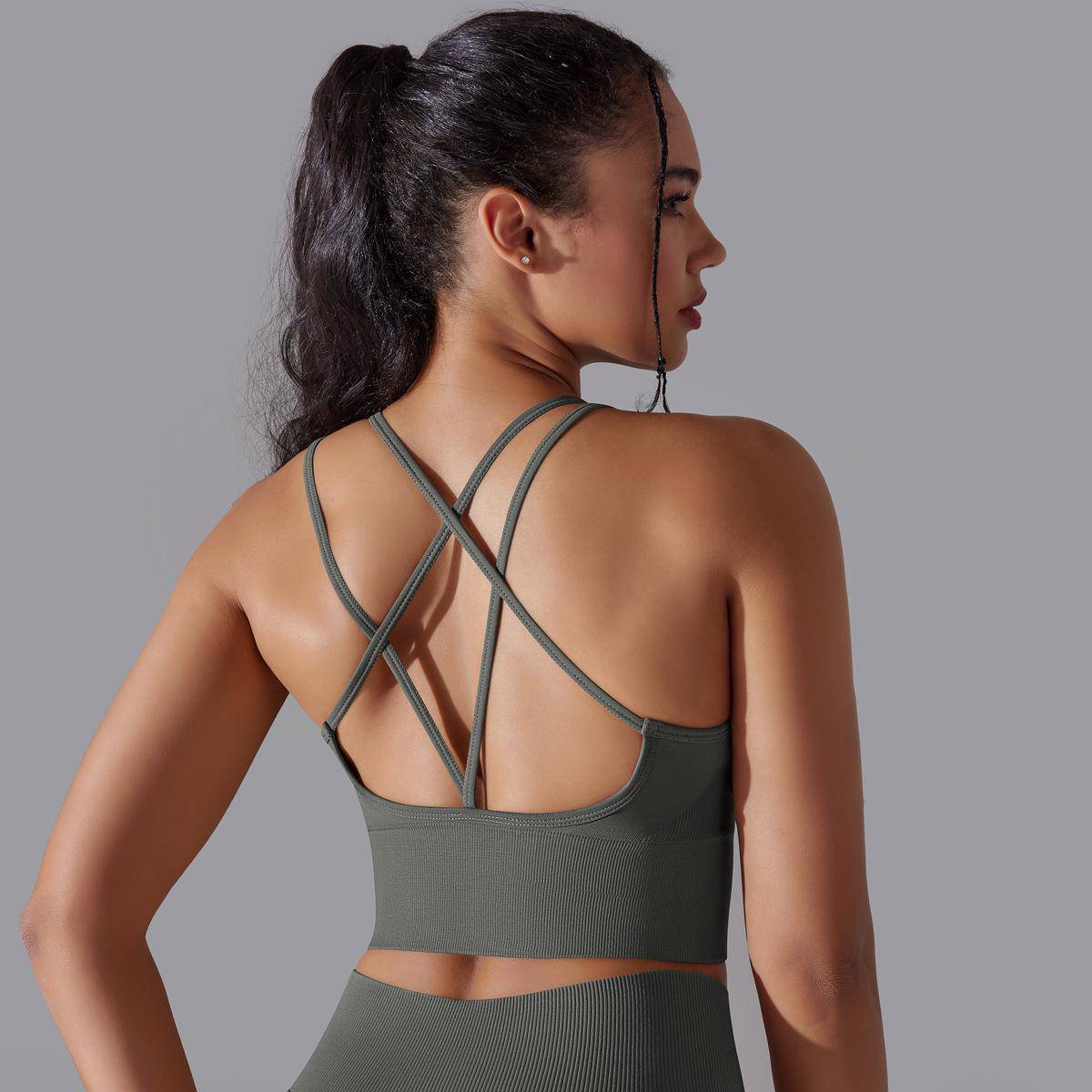 Seamless Cross Beauty Back Yoga Set for Women  S Cross Bra-Dark Gray 