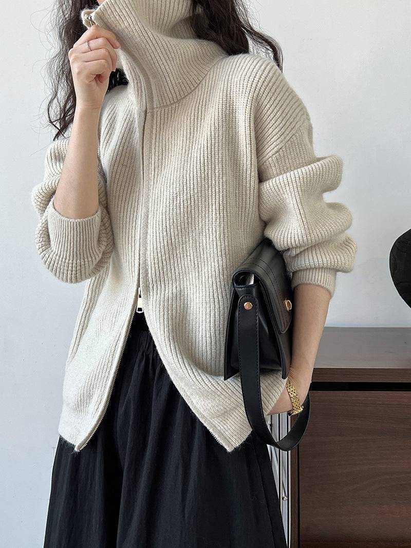 Lazy Double Zipper Knitted Sweater Cardigan Coat for Women  One Size Apricot 