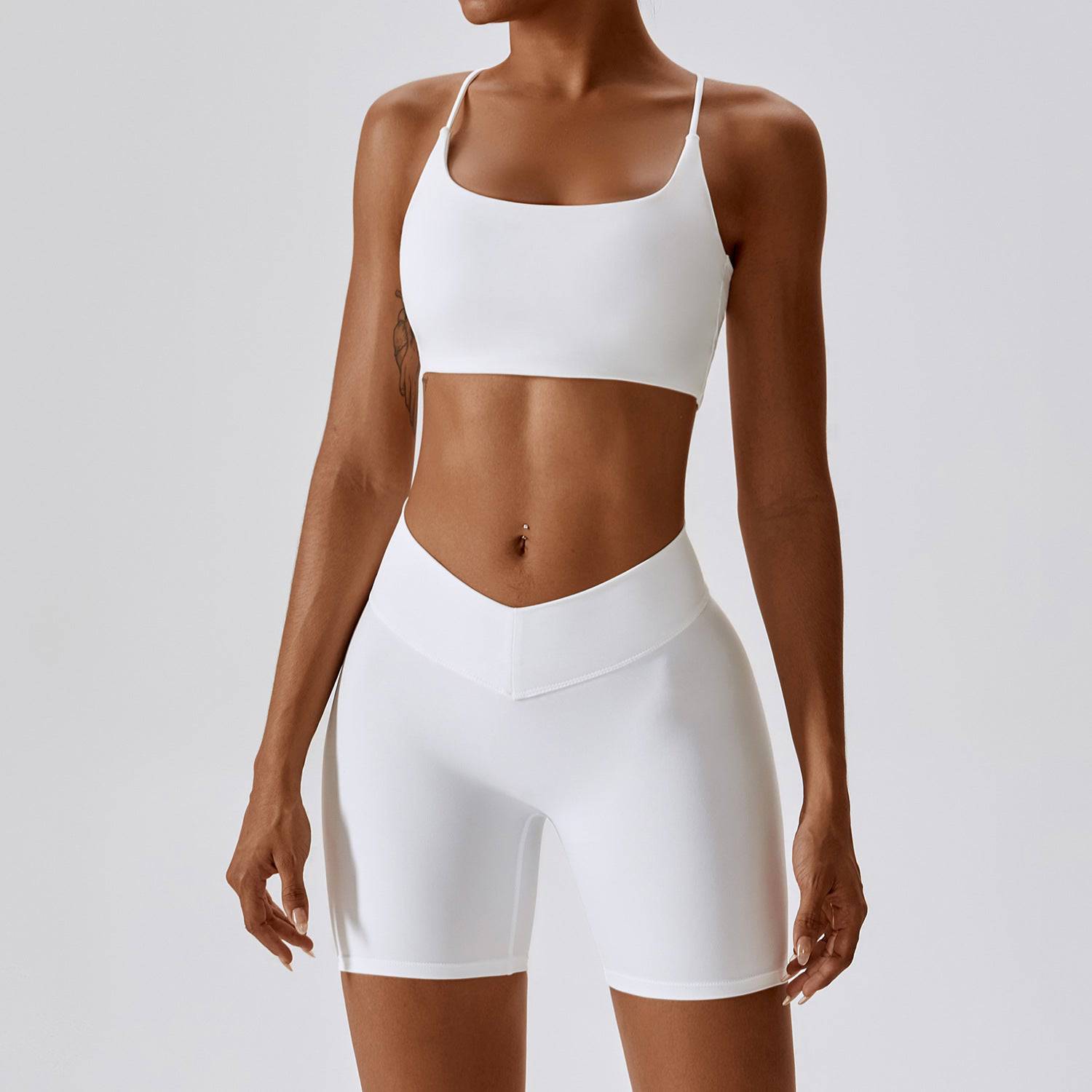 Stylish and Comfortable Yoga Clothes with Sexy Back Design for Women  8/S Spaghetti Strap Bra Shorts Swan White 