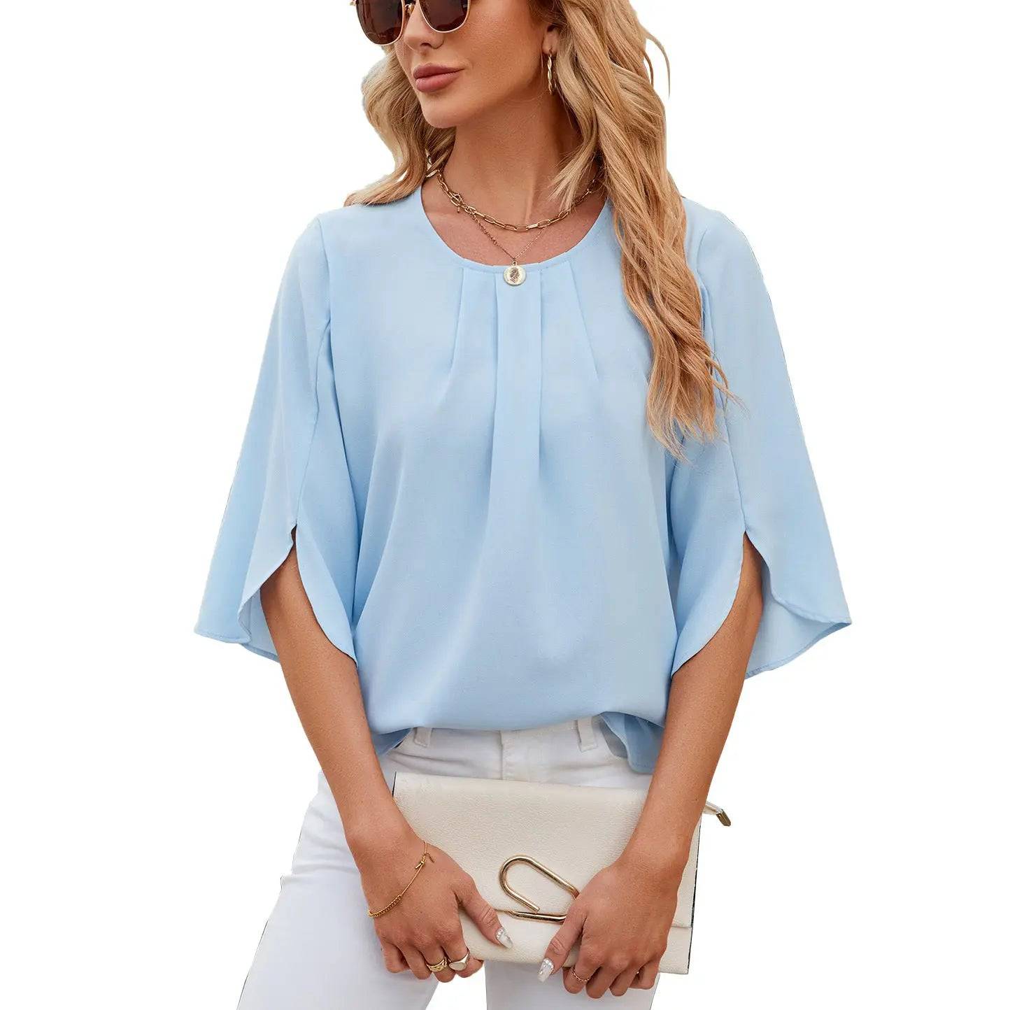 Flowy Summer Chiffon Shirt for Women with Round Neck and Versatile Sleeves  S skyblue 