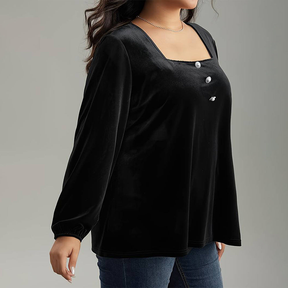 Plus Size Women Elegant Velvet T Shirt Autumn Winter Square Collar Long Sleeve Loose Solid Color Top - Wild Amber Fashion