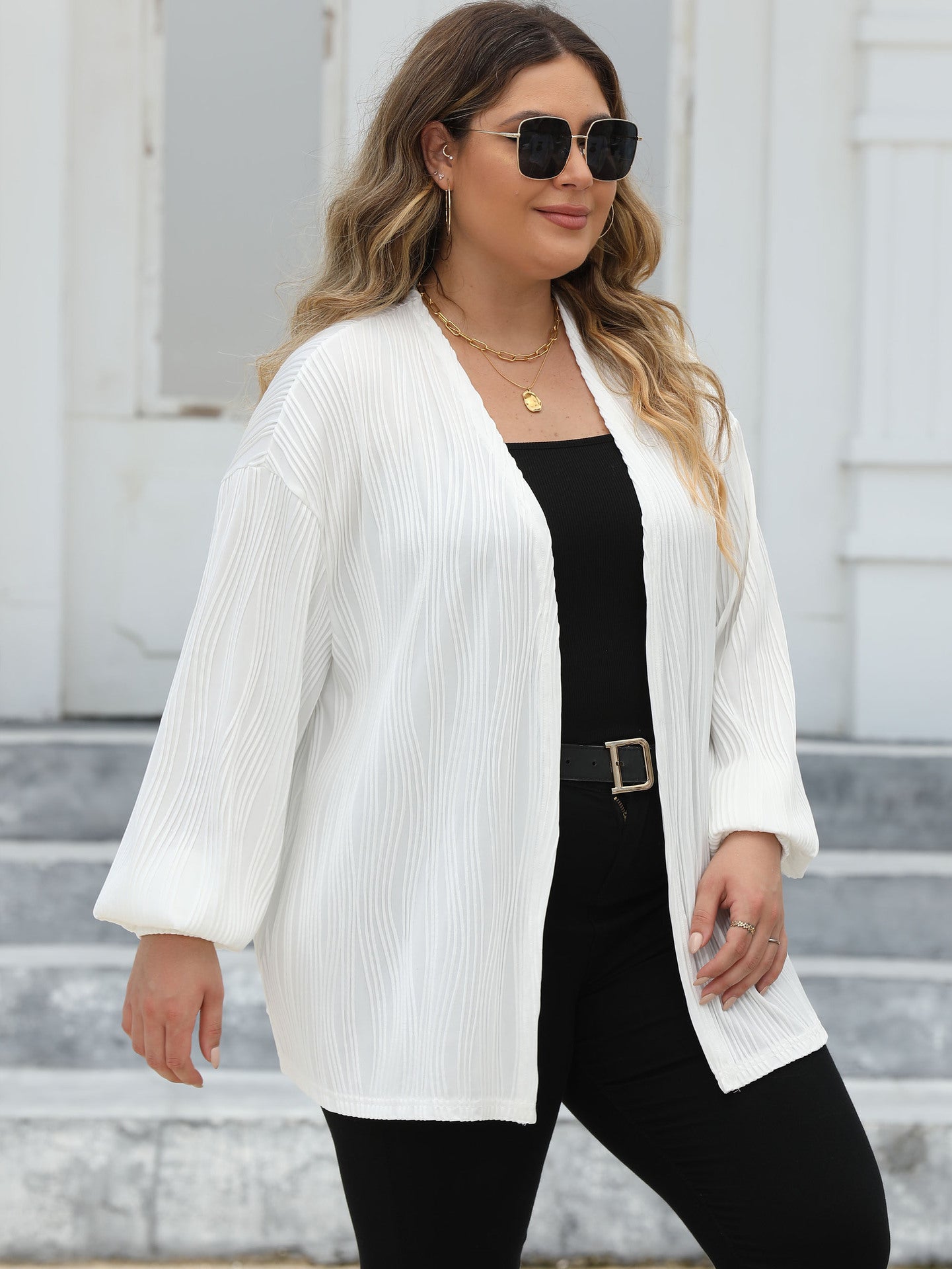 Plus Size Women Cardigan Women Wave Striped Casual Loose Jacket Comfortable Top Lantern Sleeve Air Conditioning Shirt - Wild Amber Fashion