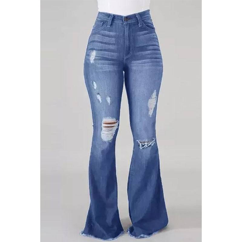 Internet High Elastic Ripped Jeans High Waist Flared Pants  XS Light Blue 