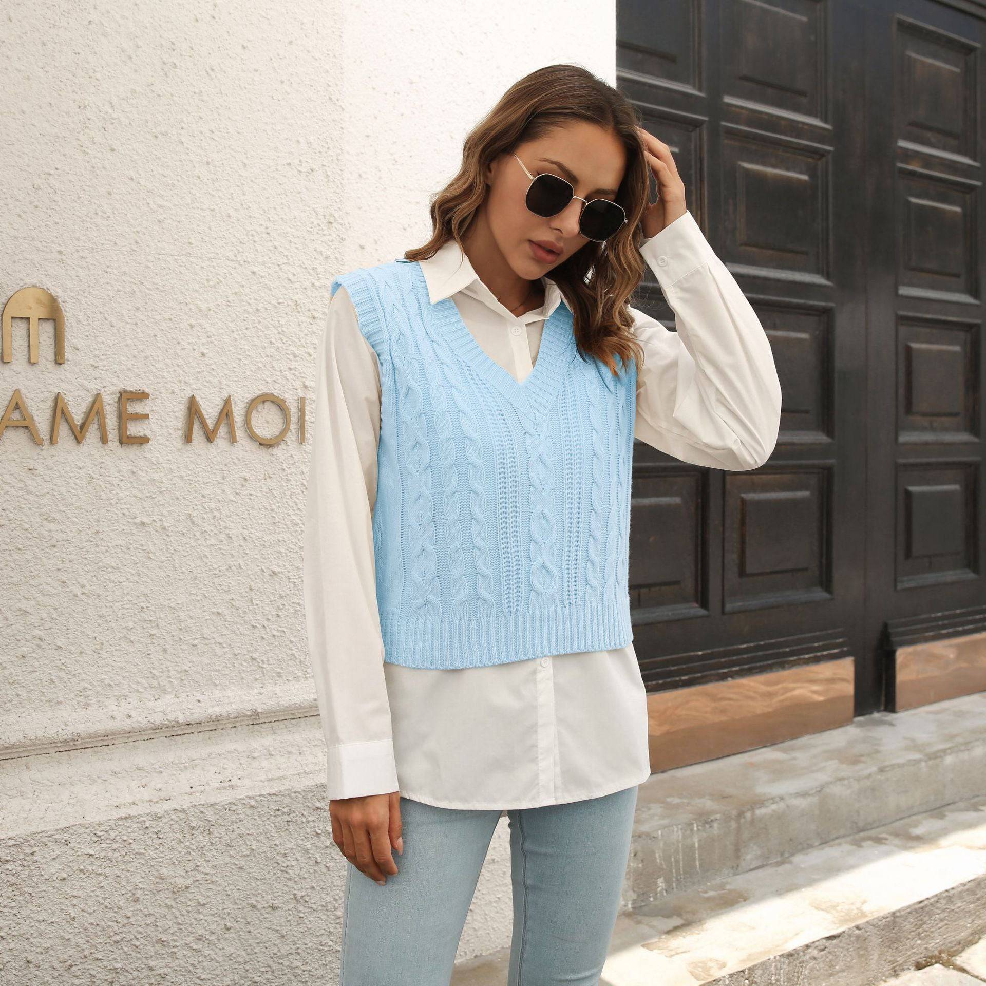 V-Neck Knitwear Vest Sweater for Women  S Light Blue 