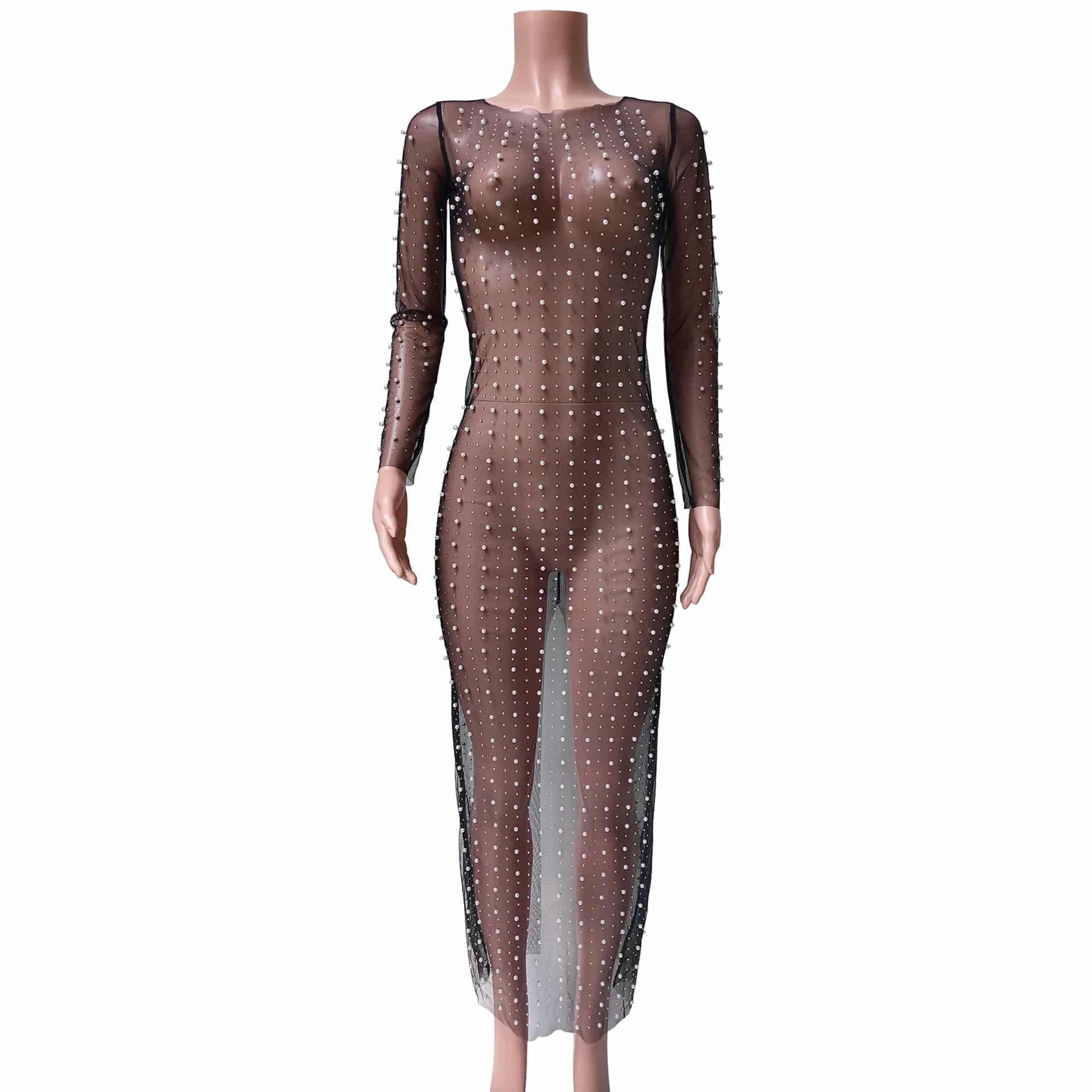 Mesmerizing Long Sleeve Mesh Beach Dress with Light Diamond Bubble Pattern  S Black 