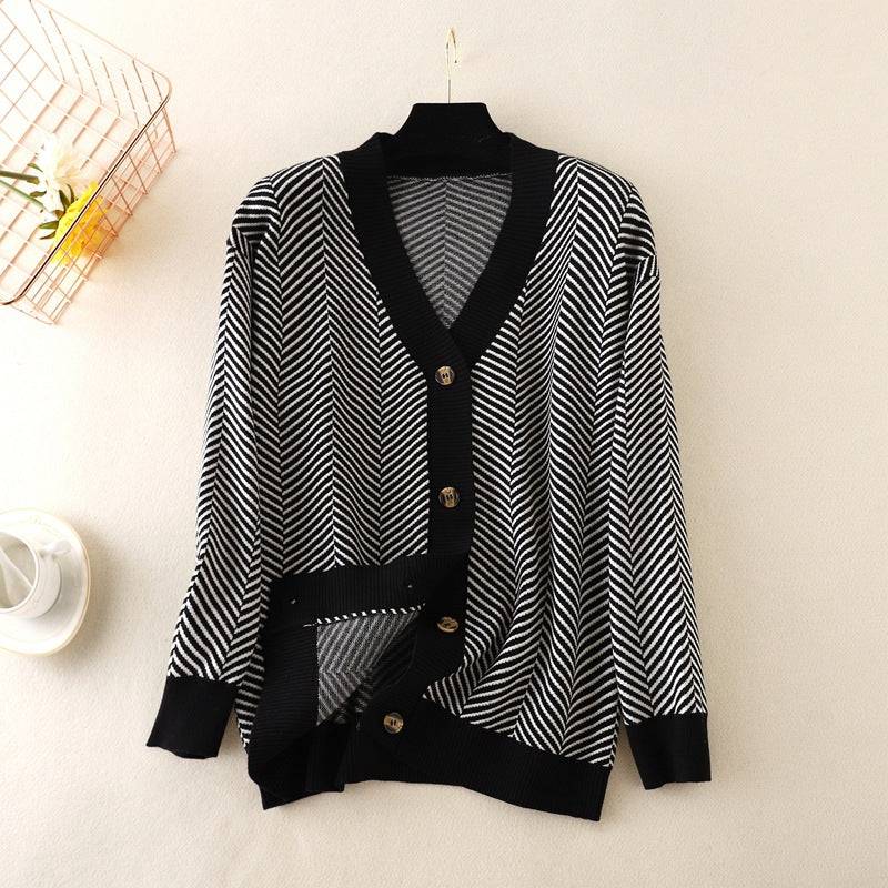 V-Neck Striped Sweater Jacket for Women  One Size Black 