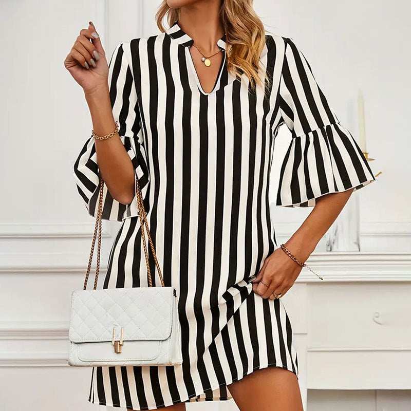 Striped A line Dress Half Sleeve Flared Sleeves Loose Short Dress Spring Summer Women - Wild Amber Fashion