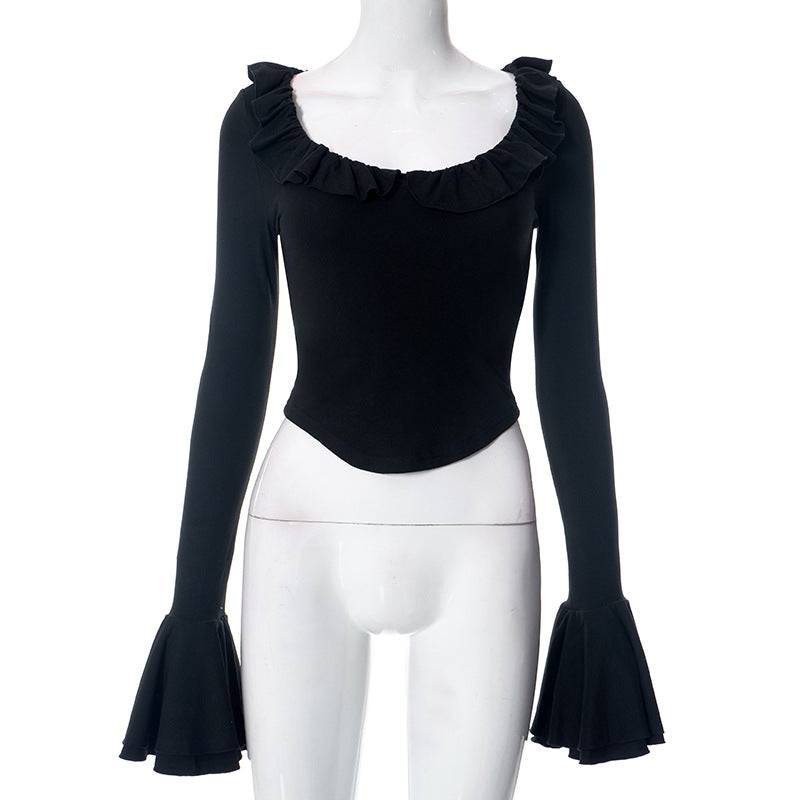 Flare Sleeve Polyester Top with Ruffle and Tie Elements  M Black 