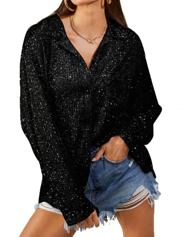 Elegant Sequin Embellished Collared Shirt for Stylish Women  S Black 