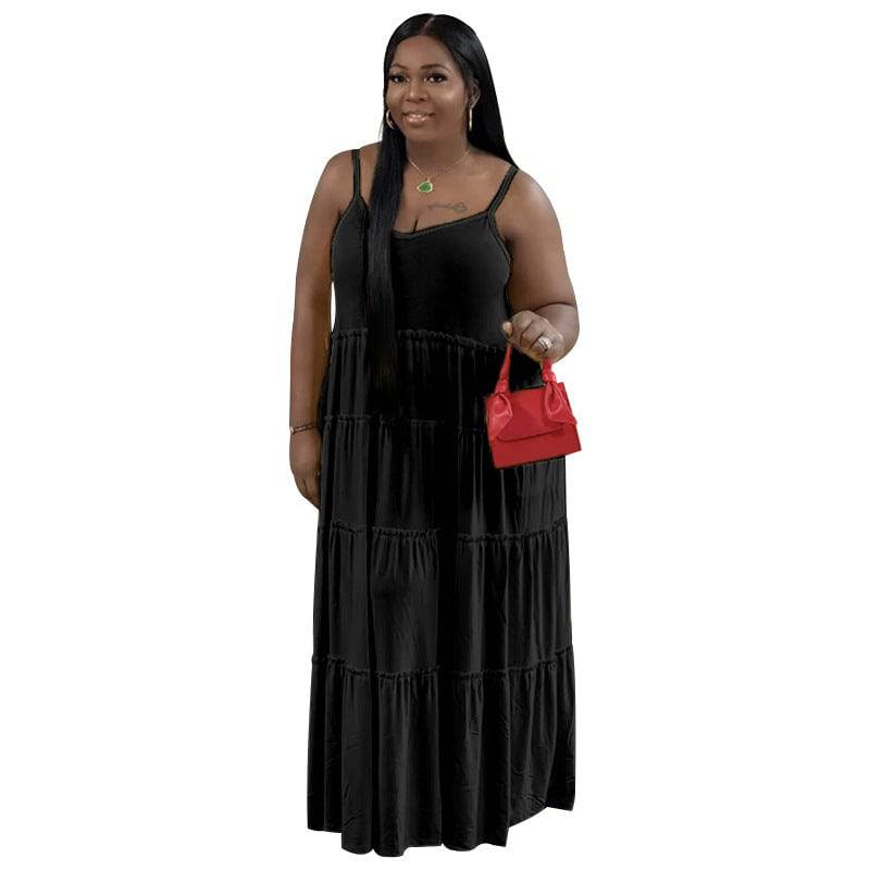 Summer Chic Plus Size Solid Color Casual Dress with Sexy Strap Pleated Stitching  XL Black 