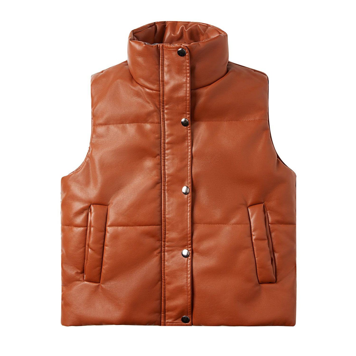 Women's Sleeveless Leather Quilted Jacket with Stand Collar  S camel 