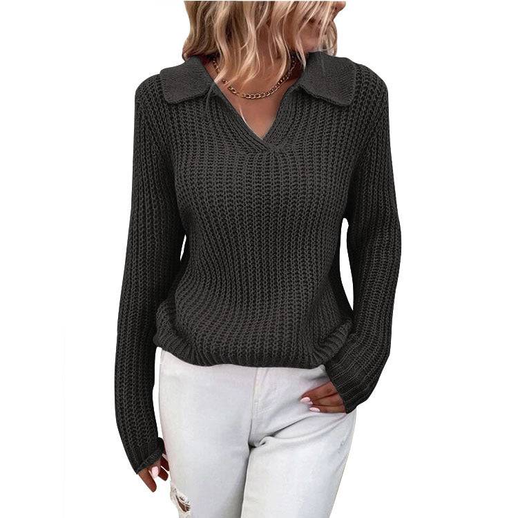 Women's Slim Fit Long Sleeve Polo Collar Knitted Sweater for Fall/Winter  S Black 