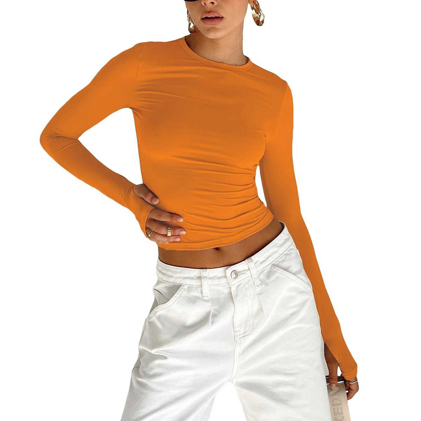 Slim-Fit Long-Sleeve Round Neck T-Shirt for Women  S Orange 