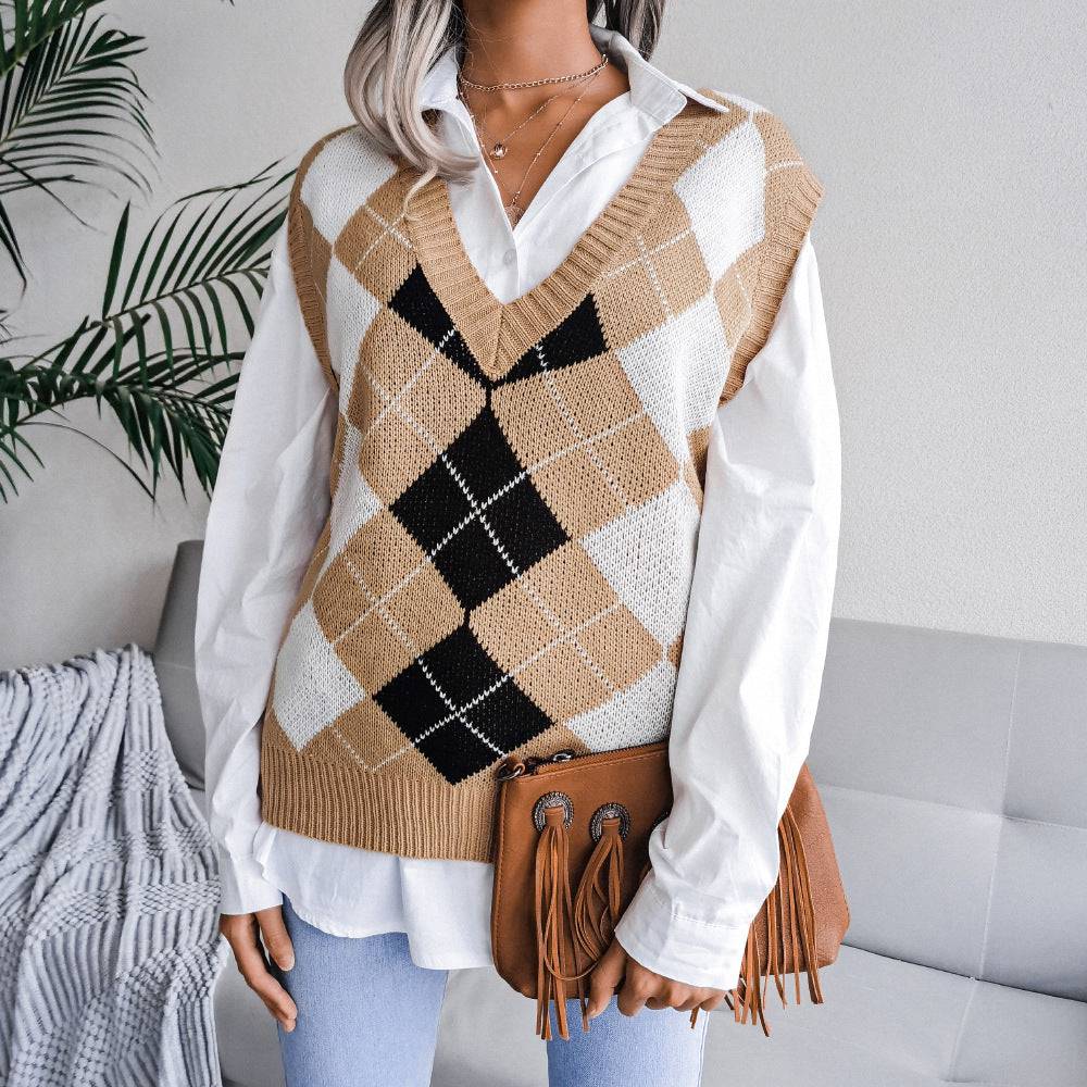 Stylish Rhombus V-Neck Knit Vest Sweater for Women  S Khaki 