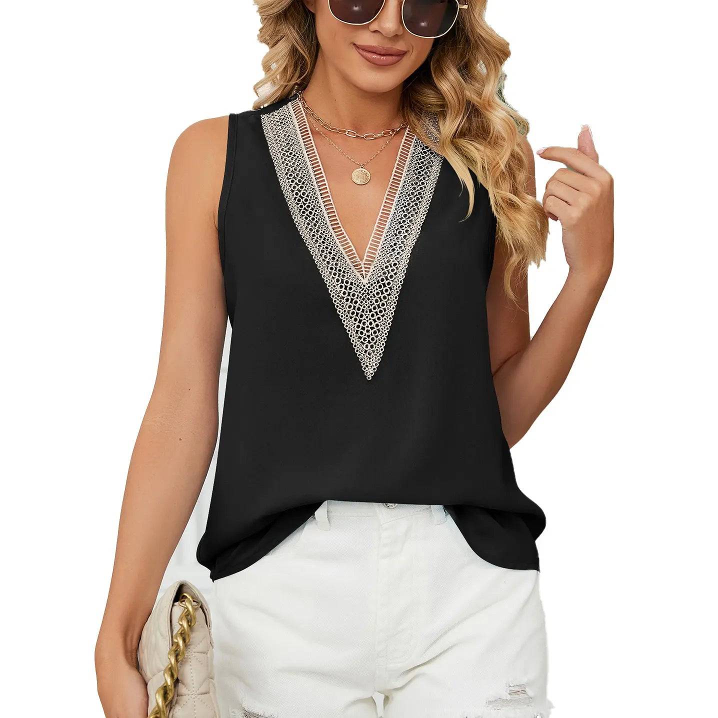 Sleeveless V-Neck Chiffon Tank Top with a Relaxed Fit  S Black 