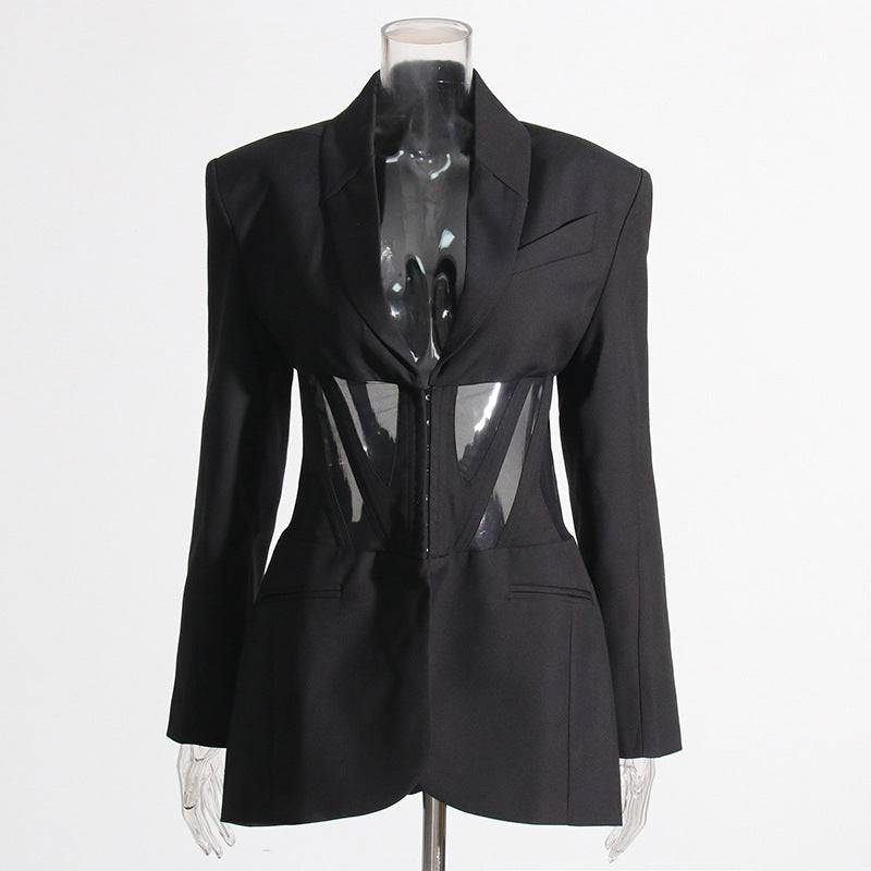 Mesh Stitching Waist Corset Blazer with See-Through Design  S Black 