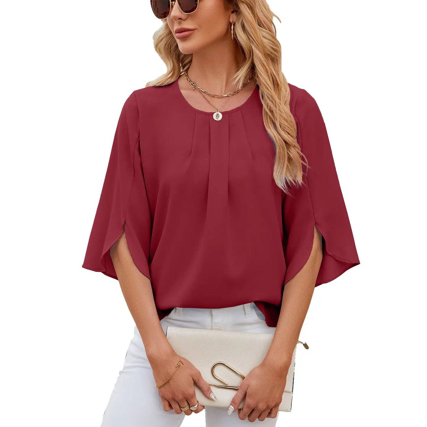 Flowy Summer Chiffon Shirt for Women with Round Neck and Versatile Sleeves  S Burgundy 