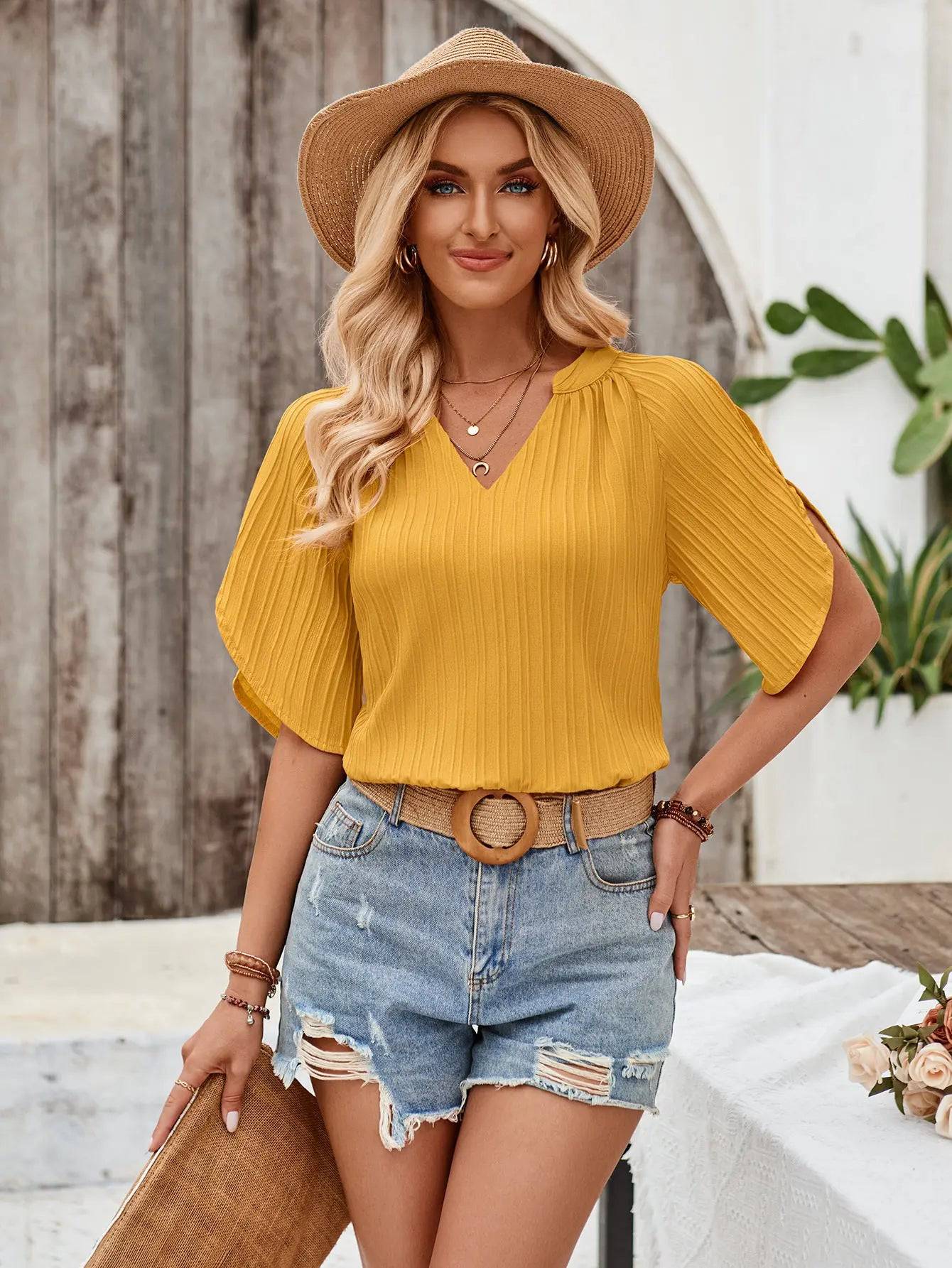 Elegant V-Neck Hollow Out Summer Blouse for Women  S Yellow 