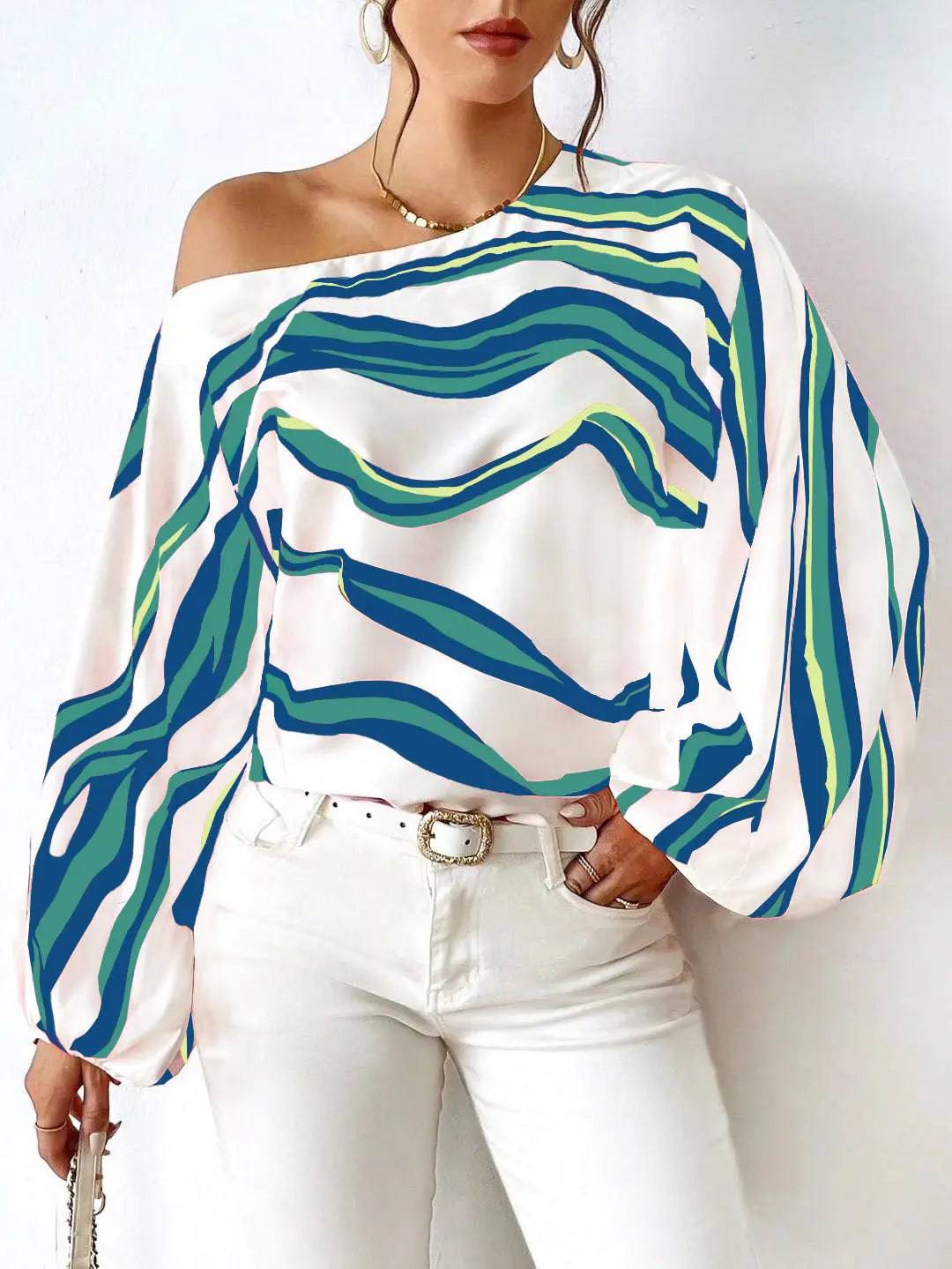 Elegant Printed Off-Shoulder Women's Shirt for Spring and Summer  S Blue 