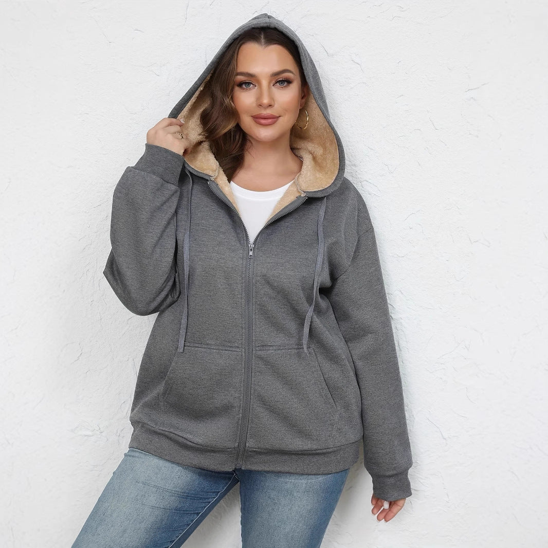 plus Size Women Clothing Winter Warm Plush Hoodie Coat