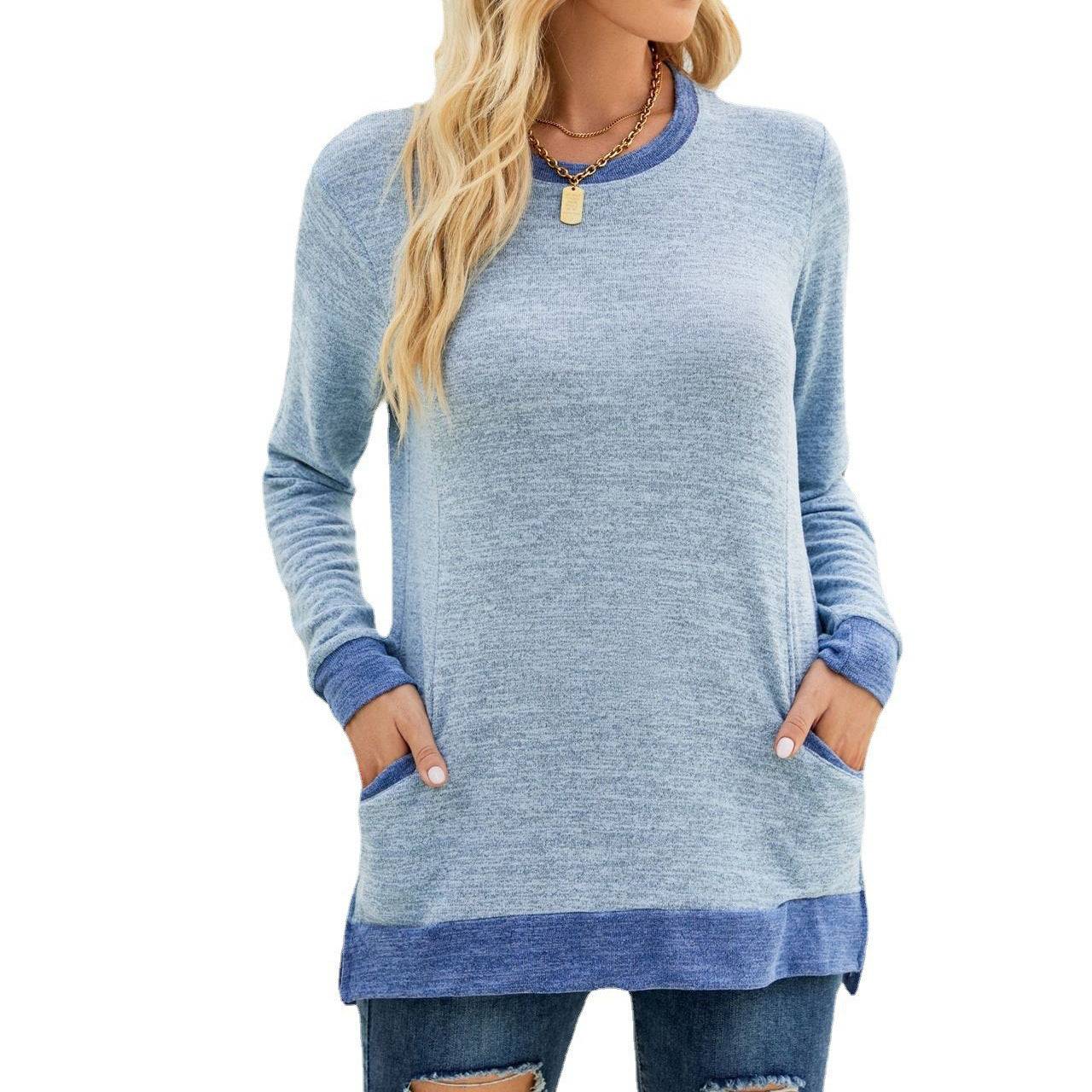 Multicolor Long Sleeve Pullover Top with Pocket  S Light Blue 