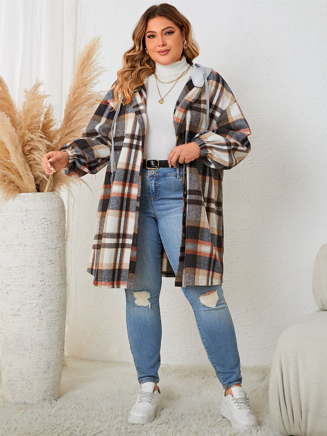 Plus Size Autumn Winter Women Girls Plaid Hooded Mid Length Coat for Women - Wild Amber Fashion