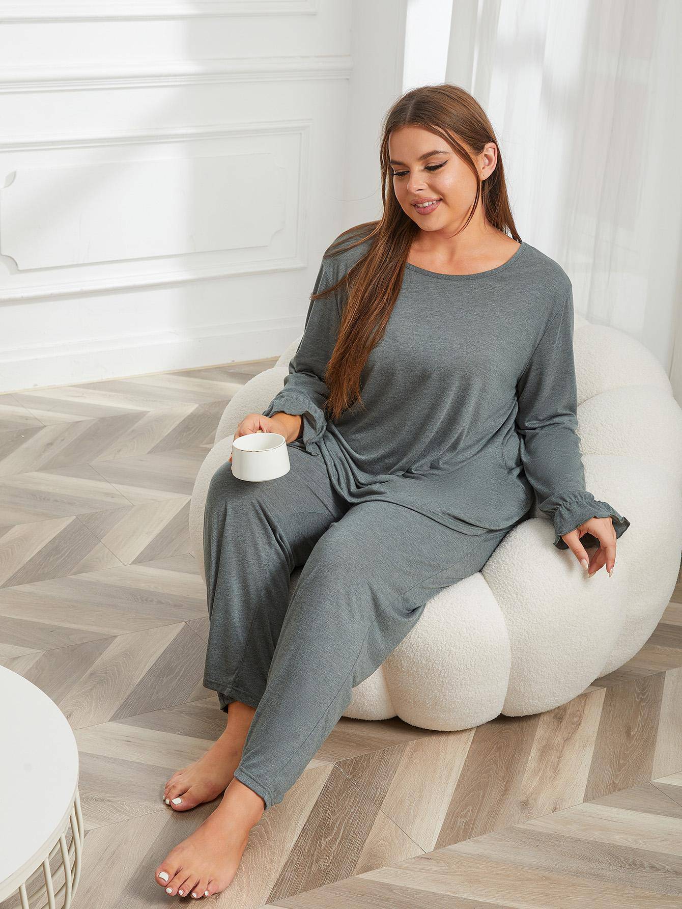 Plus Size Pajamas Women Autumn Winter Solid Color Long Sleeve Home Wear Set - Wild Amber Fashion