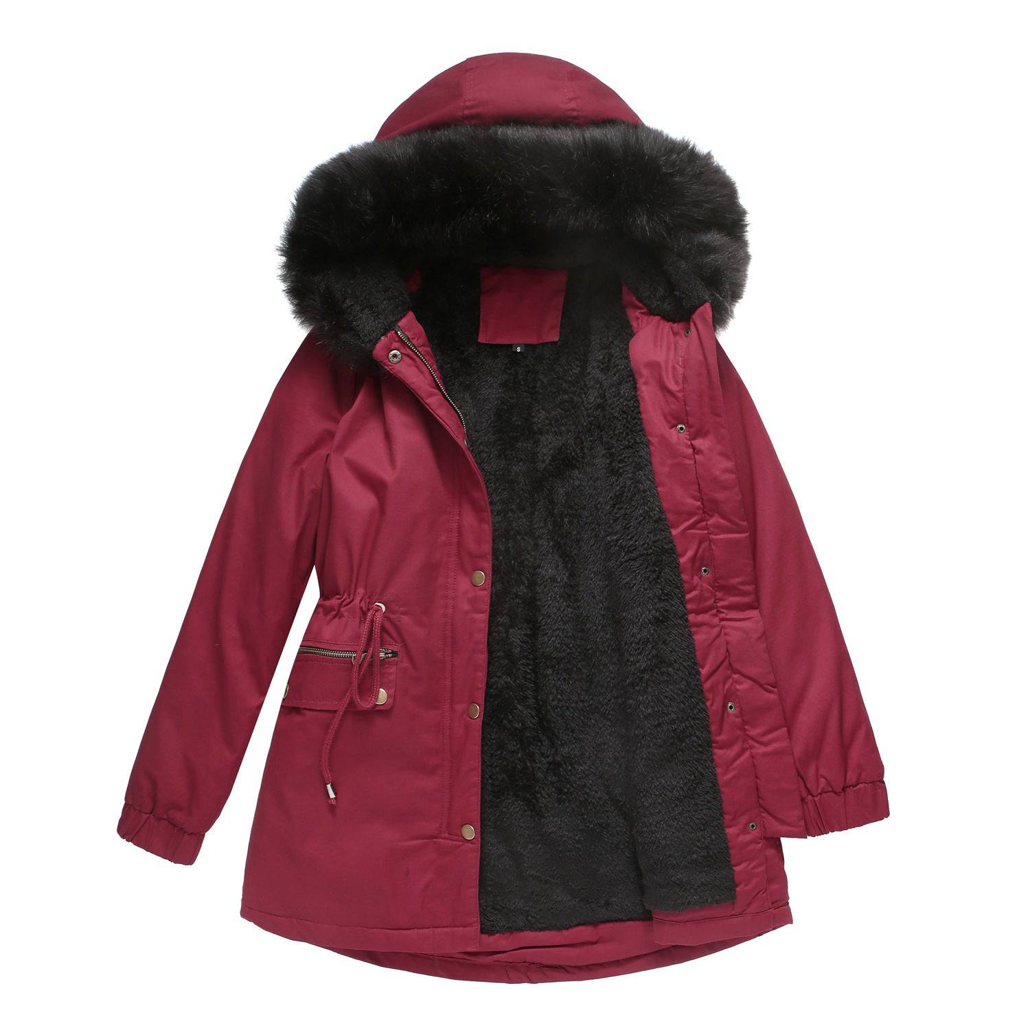 Warm and Stylish Plus Size Fur Collar Parka  S Burgundy 