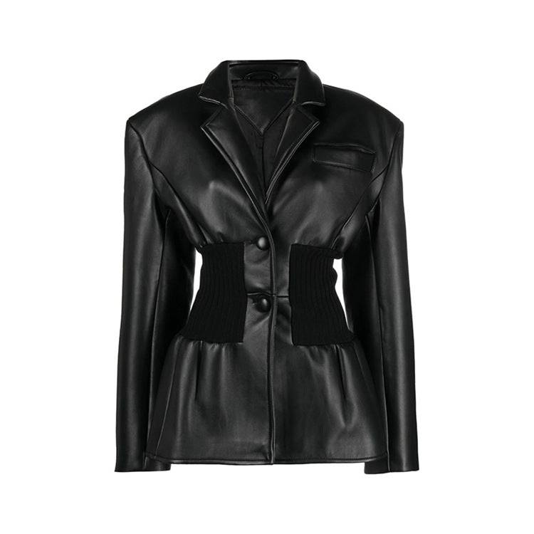 Niche Design Model Faux Leather Jacket Patchwork Knitted Super Tight Waist Contour  S Black 