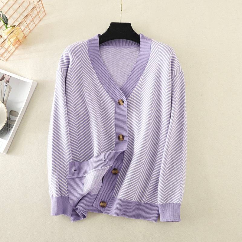 V-Neck Striped Sweater Jacket for Women  One Size Purple 