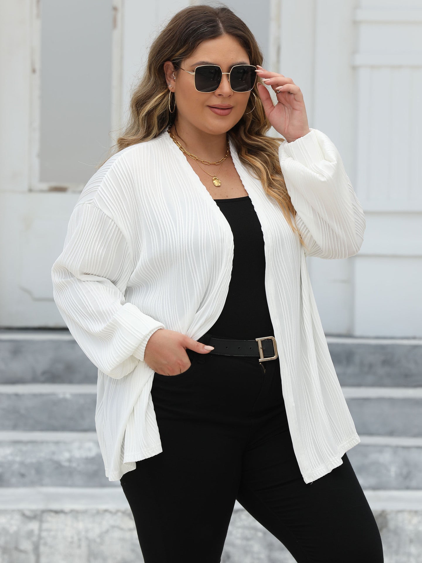 Plus Size Women Cardigan Women Wave Striped Casual Loose Jacket Comfortable Top Lantern Sleeve Air Conditioning Shirt - Wild Amber Fashion