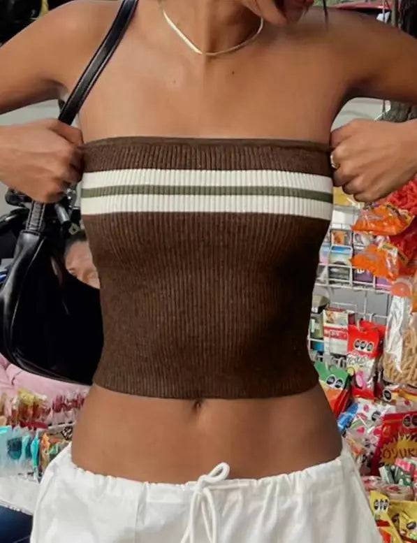 Striped Color Block Knitted Tube Top for Women - Sleek and Sexy Slim Fit  S Brown 