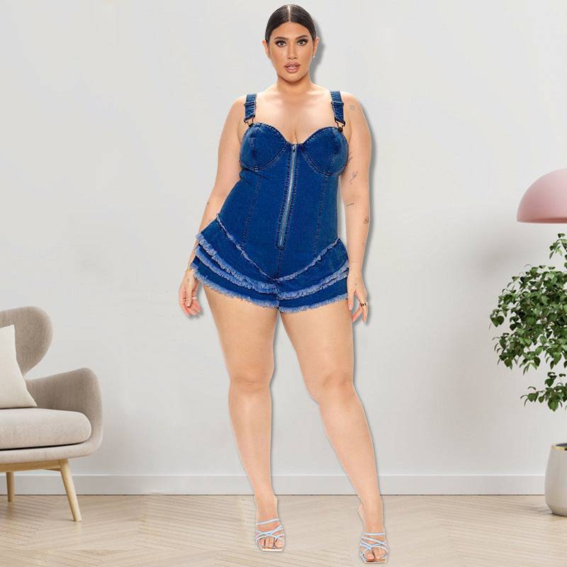 Plus Size Women Clothes Autumn Sexy Tube Top Wash Denim Romper - Wild Amber Fashion