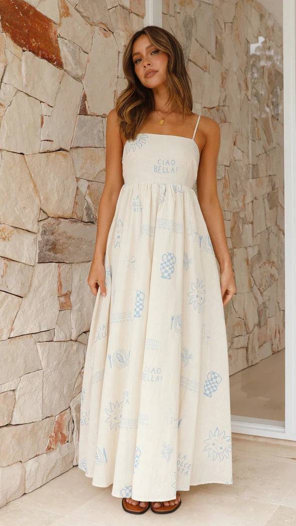 Elegant Summer Printed Maxi Dress with Square Neck Cutout Detail  S Blue Printed Suspender Skirt 