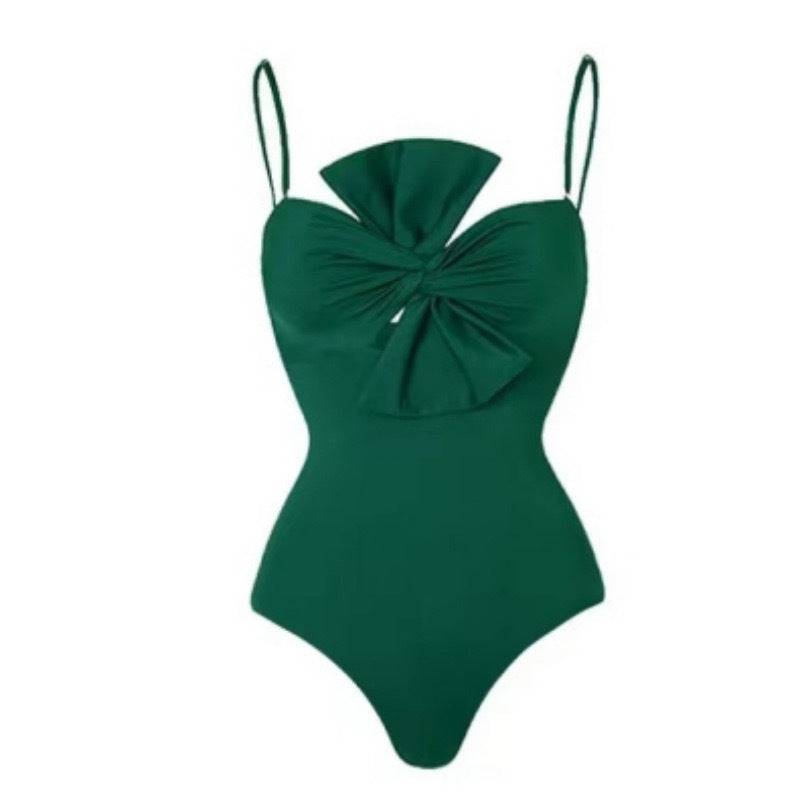 Solid Color One Piece Swimsuit with Bow Detail for Women  S Green Separate Jumpsuit 