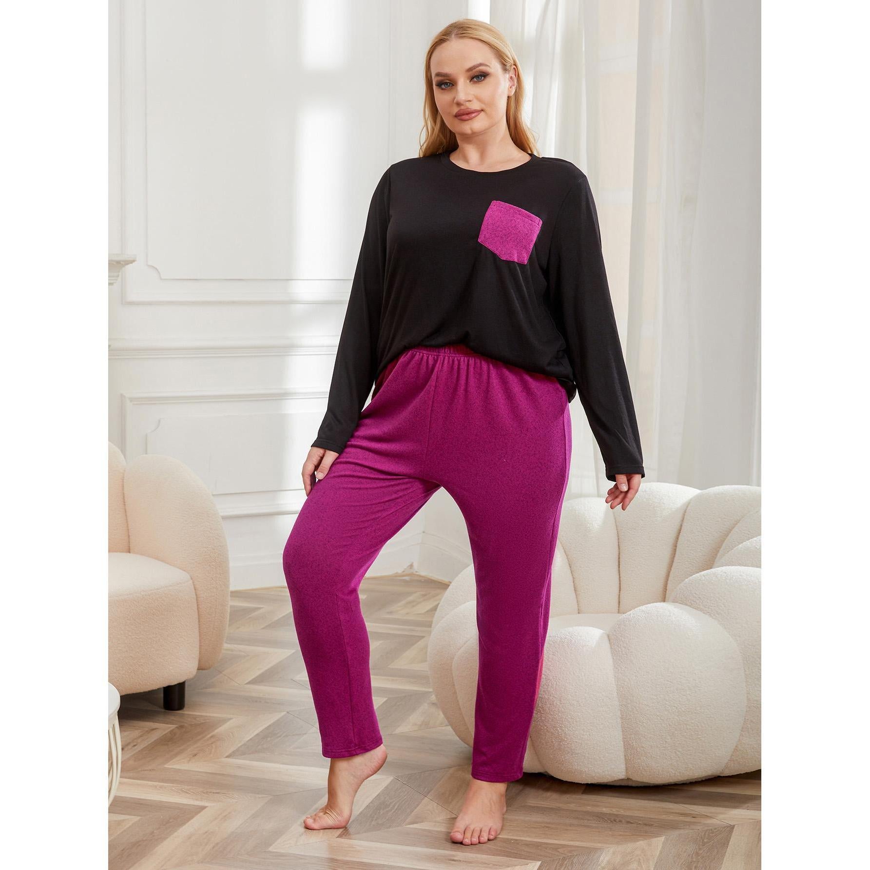 Plus Size Pajamas Women Autumn Winte Solid Color Long Sleeved Home Wear Set - Wild Amber Fashion