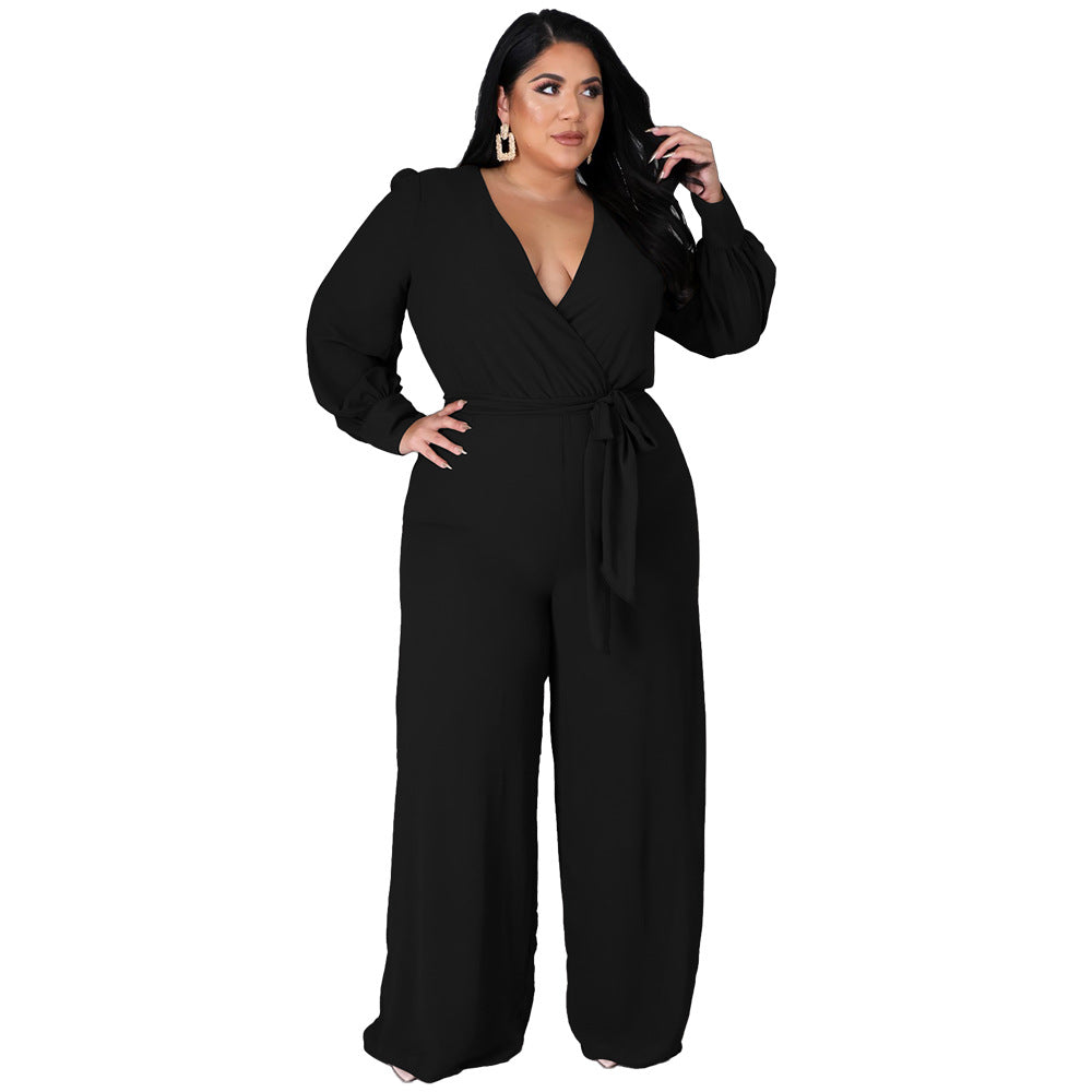 Plus Size Women Loose Straight Solid Color Belt Jumpsuit - Wild Amber Fashion