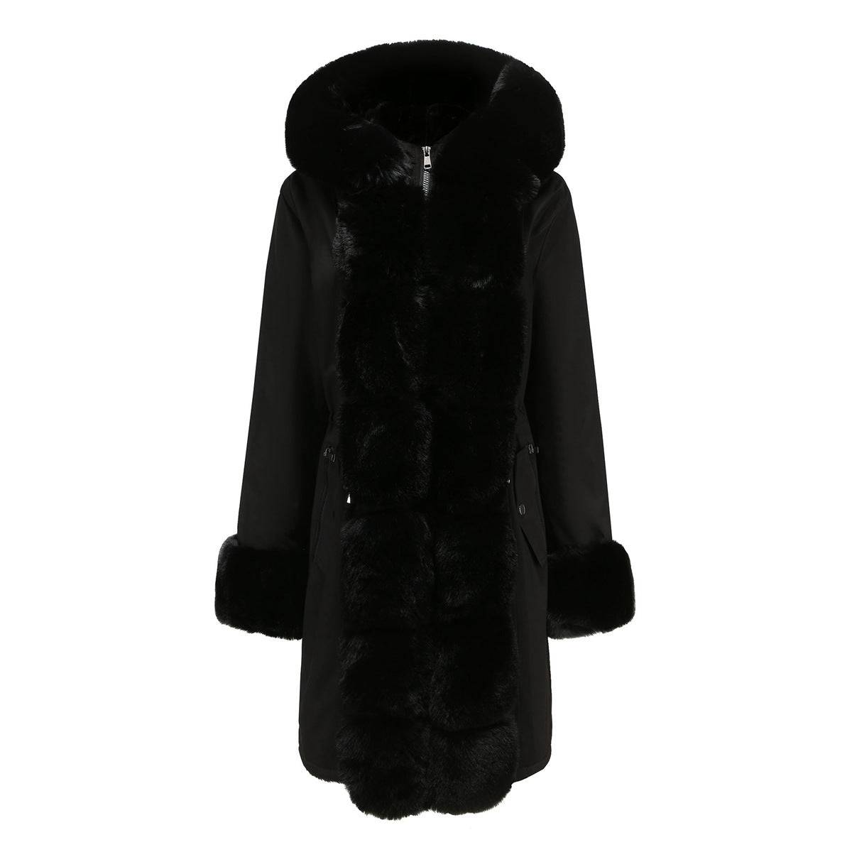 Women's Cozy Hooded Parka with Detachable Fur Collar  L Black 