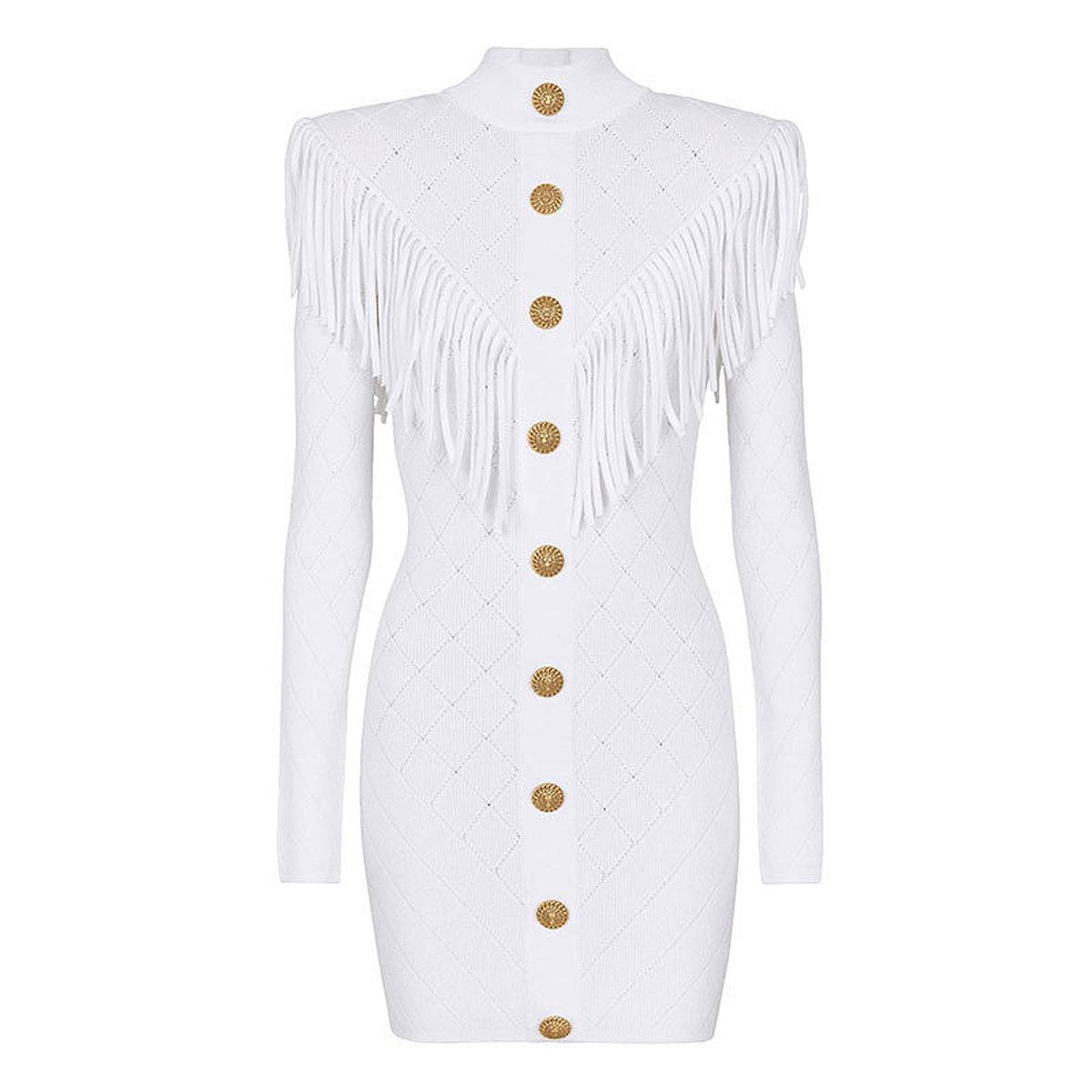 Elegant V Neck Tassel Knit Dress with Slimming Fit and Long Sleeves  S White 