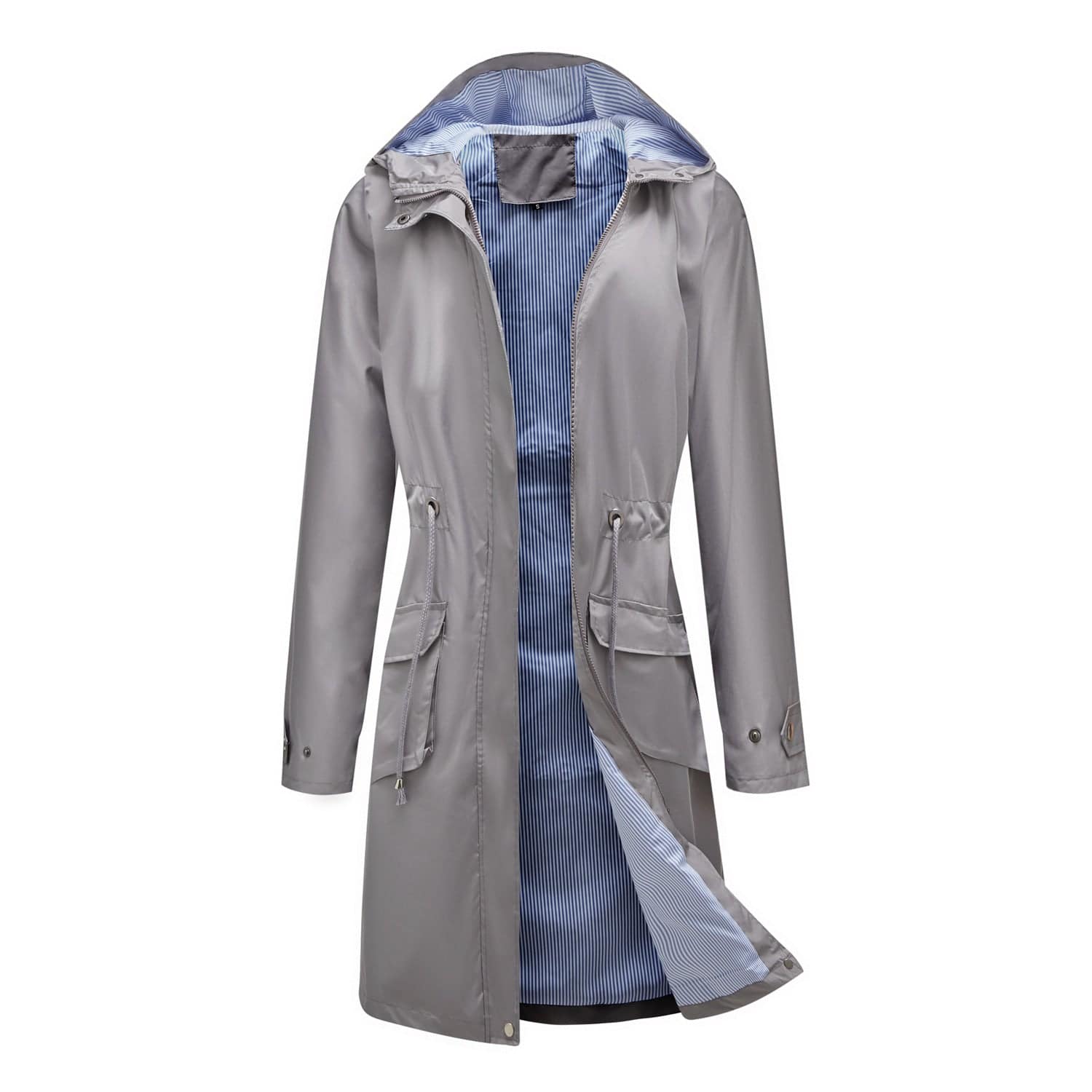 Women's Hooded Waterproof Trench Coat with Striped Lining  S Gray 