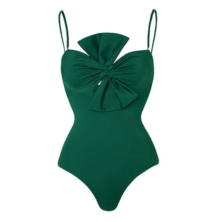 French Retro Bow Design One-Piece Swimsuit for Women  S Green Swimsuit 