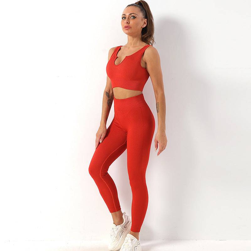 Ultimate Comfort Seamless Yoga Set with Shockproof Sports Bra and High-Rise Fitness Trousers  S Orange U-Shaped Bra Trousers 