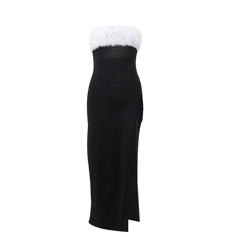 Furry Off-Shoulder Maxi Dress with Slit - Women's Sexy and Elegant Fashion  S Black 