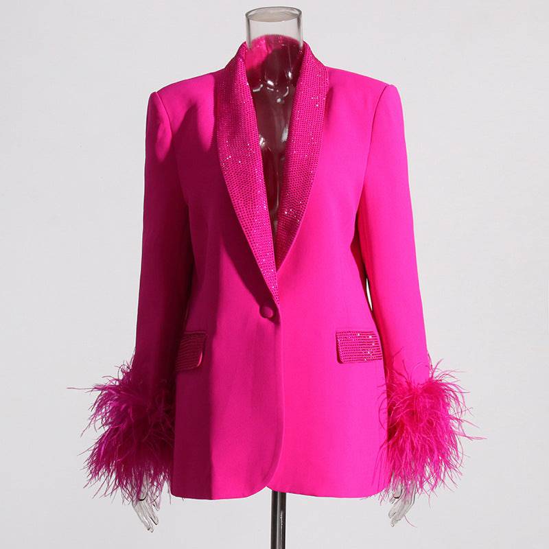 Sophisticated Autumn Blazer with Feather and Rhinestone Embellishments  S Coral Red 