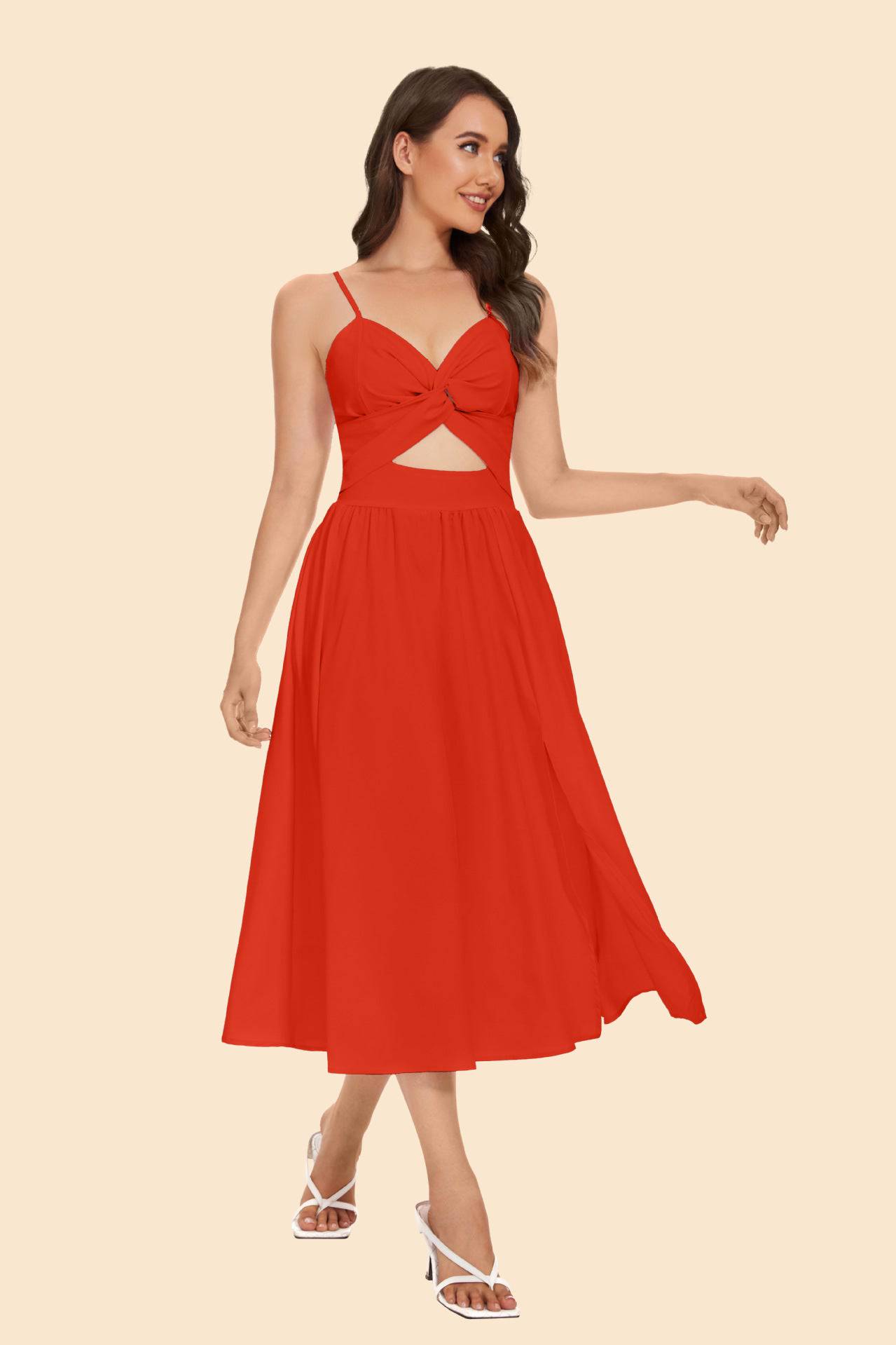 Summer Sweet Macaron Color Sling Waist Maxi Dress  S Red 